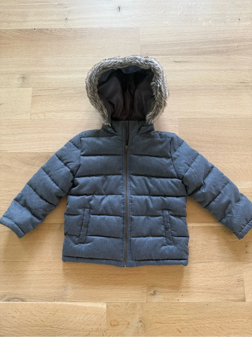 Janie and Jack Gray Quilted Hooded Puffer Jacket with Faux-Fur Trim - Sz 5-6